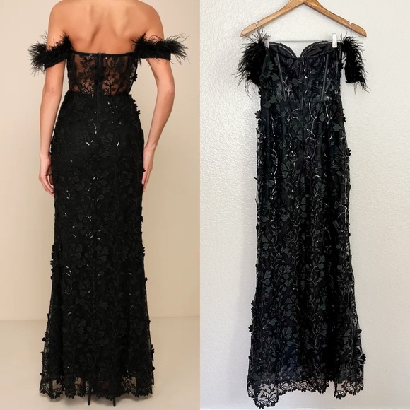 Midnight Sparkle Black Embroidered Feather Bustier Maxi Dress - Picture 3 of 9